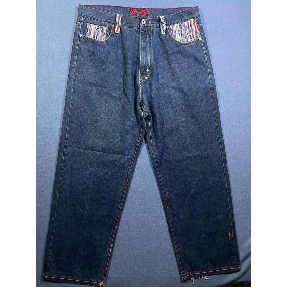 Vintage Coogi Jeans Mens Baggy Wide Leg Skater 90s Knitted Embroidered Sz 41x34